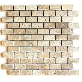 Walnut Travertine 1x2 Tumbled Natural Stone Mosaic Brick Joint on Mesh Mount for Wall and Floors