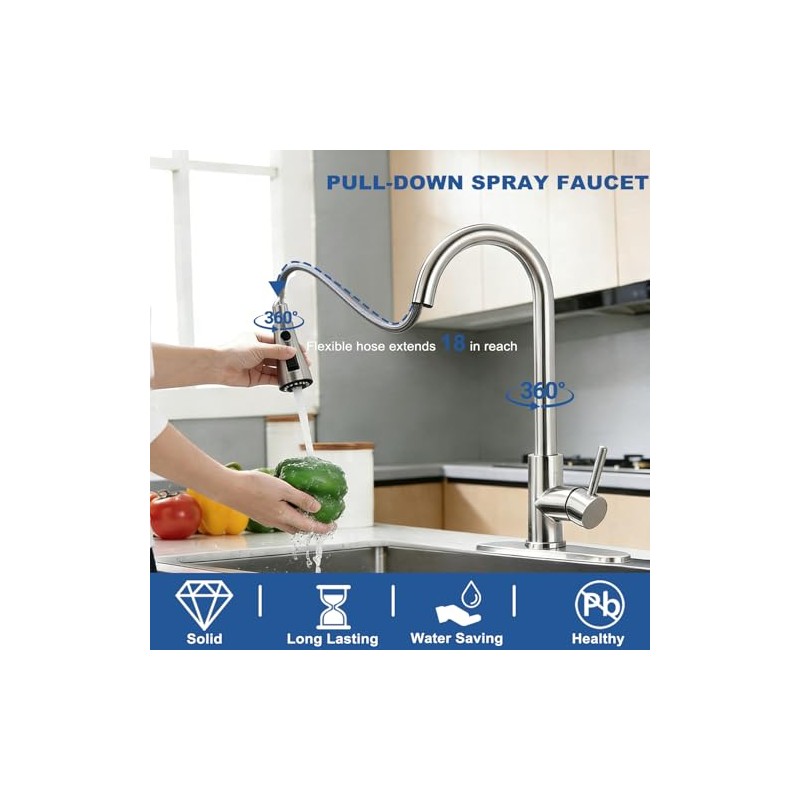 Kitchen Faucet with Pull Down Sprayer, Modern Single Handle Pull