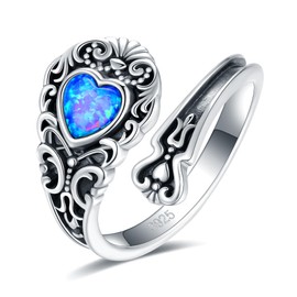 EJALEN S925-Sterling-Silver Opal Heart Spoon Ring - Vintage Boho Sunflower Thumb Rings Oxidized Wrap Ring Victorian Style Antique Floral Jewelry Gifts for Women（Opal Heart Ring）