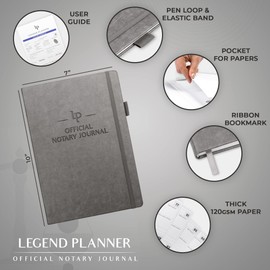 Legend Notary Journal – Hardcover Notary Log Book with Pre-Printed Entries – Notary Public Journal of Notarial Acts – Notary Supplies – 250 Entries, Numbered Pages, 7"x10" (Gray)