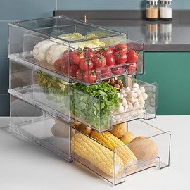 W.C.I. Fridge Drawers - Clear Stackable Pull Out Refrigerator Organizer Bins - Food Storage Containers for Kitchen, Refrigerator, Freezer, Vanity & Fridge Organization and Storage (2 Pack | Large)