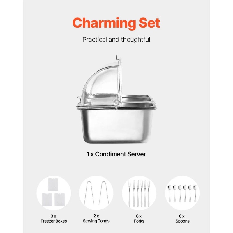 Stainless Steel 6 Pan Countertop Food Serving Tray With Clear