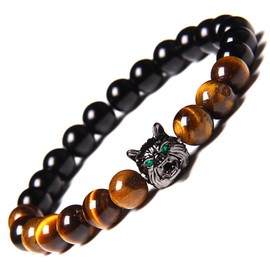 HESHPAWS Wolf Head Charm Bracelet 7.5in Stretch Gems 8mm Round Beads Stress Relief Anti Anxiety Energy Beaded Bracelets