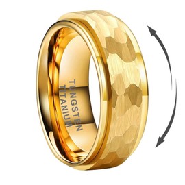 TUTISS 8mm Gold Spinner Tungsten Titanium Fidget Rings for Men Women Anxiety Released Hammered Design Engagement Wedding Band Stepped Edges Comfort Fit Size 8