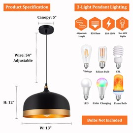 LDDBEN Farmhouse Pendant Lighting for Kitchen Island,Black and Gold Dome Pendant Light Fixtures, Industrial Hanging Ceiling Light for Dining Room Foyer Cafe Kitchen Sink (1 Pack)