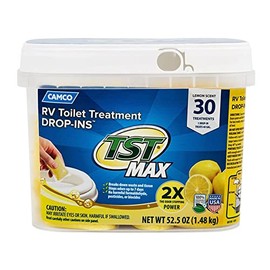 Camco TST MAX RV Toilet Treatment Drop-INs | Control Unwanted Odors and Break Down Waste and Tissue | Septic Tank Safe | Lemon Scent | 30-pack (41577) , black