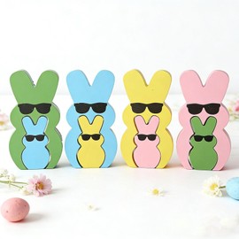HERZWILD Easter Wooden Bunny Table Centerpiece Signs Happy Easter Bunny Decor Rustic Rabbit Tiered Tray Décor for Spring Easter Party Gifts Home Farmhouse Decor (Color B)