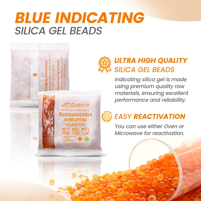 Adsorbco Rechargeable 200 Gram 2 Packs Desiccant, Indicating Silica Gel