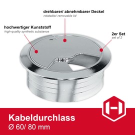 Gedotec Cable Grommet Desk Plastic - H1023, Cable Feed-Through Chrome Glossy, Cable Feed-Through for Push In, Cable Box Drilling Diameter 60 mm, Made in Germany, Pack of 2 - Table Cable Outlet Round