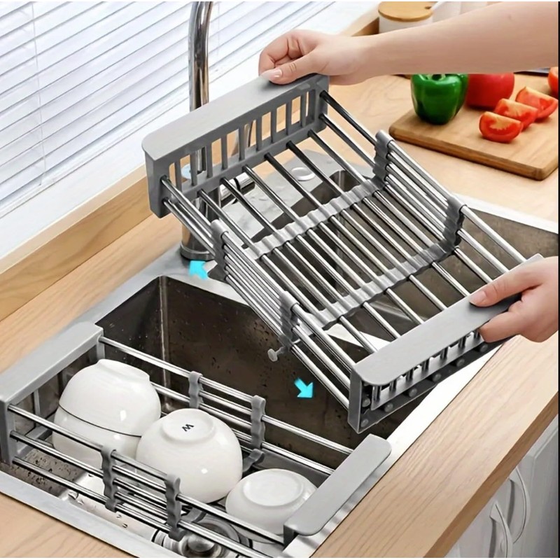 Adjustable Dish Drying Rack with Stainless Steel Drain Basket Over-The-Sink