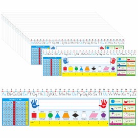 36 PCS Desk Nameplates, Double Sided PET Film Desk Name Tags with Alphabet, Numbers, Fractions, Shapes, Colors and Ruler Erasable & Reusable Traditional Manuscript Name Plate for Classroom (14” x 4”)