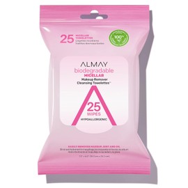 Almay Biodegradable Micellar Makeup Remover Cleansing Towelettes, Hypoallergenic, Cruelty Free, Fragrance Free, Dermatologist Tested, 25 Makeup Remover Wipes