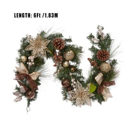 Fashionwu Gold Pre-lit Christmas Garland with Lights, 6 FT Lighted Xmas Garland with Golden Brown Bow-Knot Ball Decorations, Window Front Porch Door Fireplace Mantle Banister Decorations