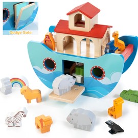 JUSTWOOD Wooden Noah's Ark Toy Animal Play Set, Bible Story Toys Baptism Gift for Boys and Girls Ages 1+ Years, Baby Shape Sorter Toy