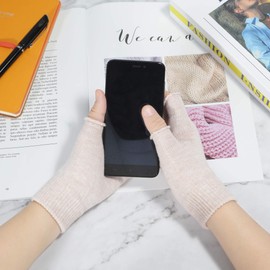 ZLYC Women Winter Fingerless Gloves Wool Knit Half Finger Stretch Glove (Solid Beige),One Size