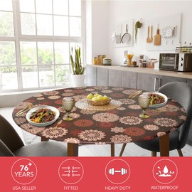 Covers For The Home Deluxe Elastic Edged Flannel Backed Vinyl Fitted Table Cover - Medallion Pattern - Extra Large Round Oblong Oval - Fits Tables up to 57" - 65"