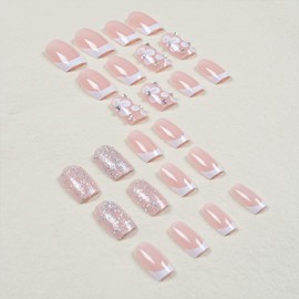 French Press on Nails Short Fake Nails with Square Designs White Flowers Acrylic Nails Nude Translucent Nails Press ons Glitter Glue on Nails Rhinestones & Fall Stick on Nails for Women 24 Pcs