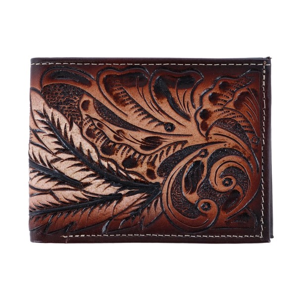 CTM® Men's Feather Tooled Leather Bifold Wallet, Brown