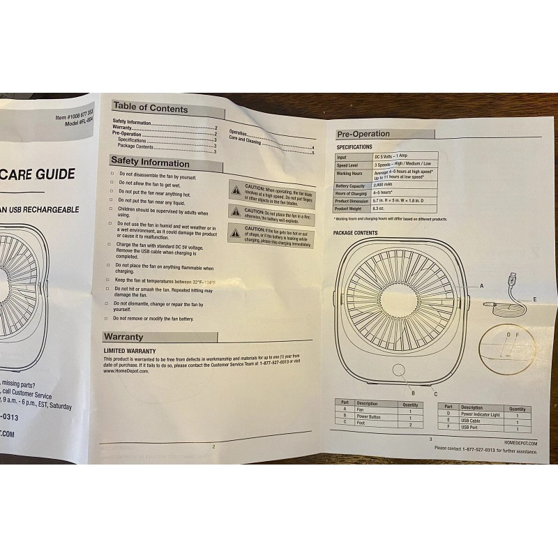 Home Depot Rechargeable Portable Desk Fan 5” 40° Tilt