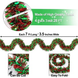 ZKTYQUIHE 4 Pack Total 28 Ft Tinsel Garlands Christmas Tree Decorations, Thick Thin Metallic Streamers Xmas Garland Holiday Christmas Decorations Home Indoor Outdoor Party Supplies,Green