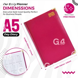 G4GADGET 2025 Diary A5 Day A Page - Pink | Hardback Cover | Daily Planner with Hourly Slots | Comprehensive Information and Note Sections