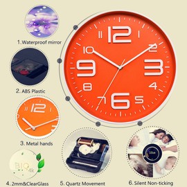 kinger-home 10 inch reloj de pared, Big 3d número Silent Non-ticking Reloj de cuarzo, silencioso movimiento barrido decorativo, fácil de leer hogar/oficina/escuela reloj, Anaranjado, 10 pulgadas