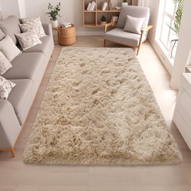 Pufmate Beige Rug for Bedroom 4x5.9 Feet - Ultra Soft Faux Fur Area Rug - Plush Non-Slip Shaggy Carpet for Living Room, Cozy Fluffy Floor Rug for Home Decor