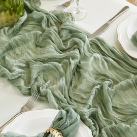 Fantastshop Sage Green Table Runner Cheesecloth 2 Pack 10FT Boho Gauze Table Runner 35x120 Inch Rustic Cheese Cloth for Wedding Valentines Party Romantic Table Decoration.