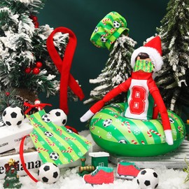 Kacctyen 15 Pcs Soccer Themed Christmas Elf Doll Accessories Include Christmas Doll Sleeping Bag Apron Chef Hat Scarf Pillow Eye Mask Shoes Mask Hammock for Elf Doll Props