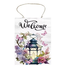 Twisted R Design Welcome Floral Lantern Farmhouse Floral Printed Handmade Wood Sign