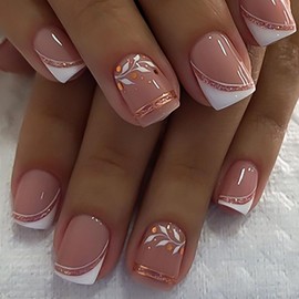 Short Press on Nails Square Fake Nails with Leaves Glitter Designs White French Nails Press ons Nude Acrylic Nails Cute Glue on Nails Summer Fall False Nails Natural Stick on Nails for Women 24Pcs