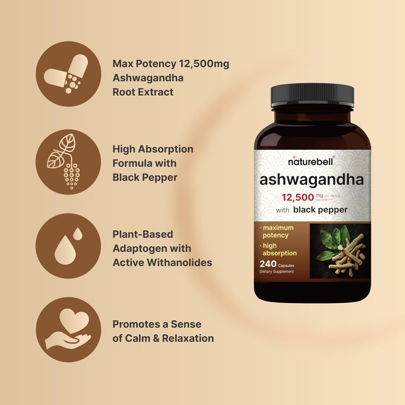 NatureBell Ashwagandha 12,500 mg Equivalent with Black Pepper, 240 Capsules