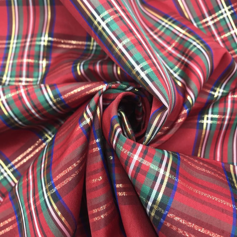 Red Lurex Tartan Plaid Taffeta Fabric with Metallic Gold, 57"