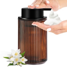 KASUNTING Foaming Soap Dispenser, Amber Glass Foam Hand Soap Dispenser for Bathroom, 11 Fl Oz Ribbed Refillable Foaming Pump Bottle with Black Pump, Modern Dish Soap Foam Dispenser