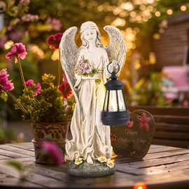 TERESA'S COLLECTIONS Angel Garden Statues with Warm Solar Light for Outdoor Decor, Resin Figurines Holding Solar Lantern for Outside, Lawn Ornament for Yard Patio Hallway, Gifts for Mom Women, 10"