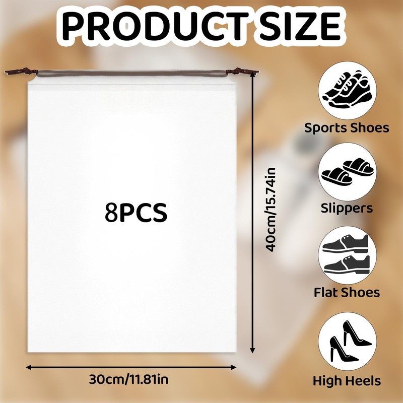 8 Pack Waterproof Travel Drawstring Shoe Bags, Transparent Portable Shoe