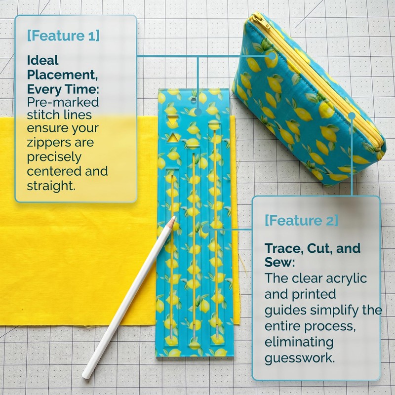 Zipper Pocket Template Set, 7/8/9 Inch Sewing Template for Inserting