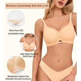 ULTREAGLE Bras for Women No Underwire - Womens Seamless Padded Wireless Push Up Bra Full Coverage Comfortable Scalloped Sleep Everyday Bralette, Nude, M