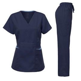 Dagacci Medical Uniform Women's Scrubs Set Stretch Contrast Pocket Navy L