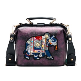 chushui Vintage Thai Elephant Embroidery Crossbody Bag,Top Handle Purse for Women,Premium Snowflake Leather with Adjustable Shoulder Strap