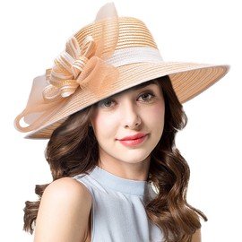 Lawliet Womens Polypropylene Church Wedding Occasion Tea Party Wide Brim Hat A490(Khaki)