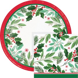 Trendware Holly Jolly Christmas Dinner Paper Plates & Napkins Set, Serves 16, Mistletoe Design 9" Plates & 6.5" Napkins, Christmas Party Decorations, Heavy Duty Disposable Plates Napkins for Christmas