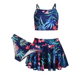 Arshiner Girls Bikini Set 3-Piece Summer Swimsuits Kids Tankini with Skirt Floral Print Swimwear Bikinis for Girls 9-10 Years Navy Blue