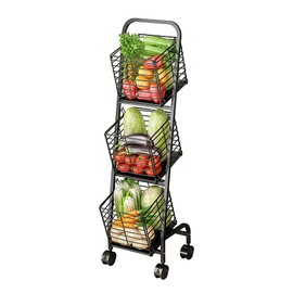 3-Tier Fruit Basket Stand for Kitchen, Wire Market Basket Food Storage Stand with Wheels, Vegetable Produce Pantry Basket Organizer