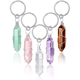 Sureio 5 Pieces Multicolor Crystals Stone Keychain Wire Wrapped Stones Jewelry Hexagonal Natural Crystal Keyring Quartz Pendants Keychain Quartz Crystal for Women