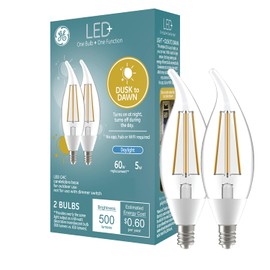 GE LED+ CA11 Dusk to Dawn LED Light Bulbs, Automatic On/Off Outdoor Security Lights, Daylight, E12 Candelabra Base (2 Pack)