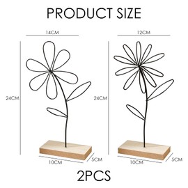 USHXVG 2 Pieces Flower Decoration, Wrought Iron Flower Decoration, Wrought Iron Home Decoration, Flower Decoration with Wooden Base, Simple Wrought Iron Flower, Suitable for Bedroom, Living Room