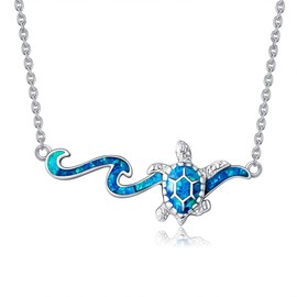 DAYLINLOVE Turtle Necklace 925 Sterling Silver Sea Turtle Pendant Necklace Wave Necklace Beach Jewellery for Women