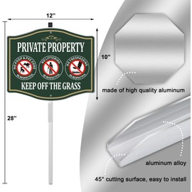 Private Property Keep Off Grass No Poop Pee Zone No Littering No Trespassing Sign 12" x 10" With 28" Long Metal Stakes Curb Your Dog Aluminum Outdoor Use Yard Lawn Home