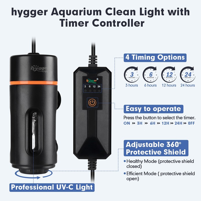 hygger Aquarium U-V Light with Timer, 360° Protective Shield Clean